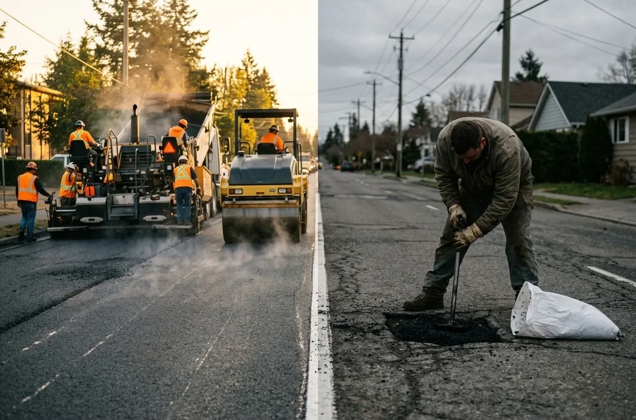 Split scene comparing a paving crew laying steaming hot mix asphalt with a paver and roller on one side, and a worker hand-tamping cold mix asphalt from a bag into a pothole on the other